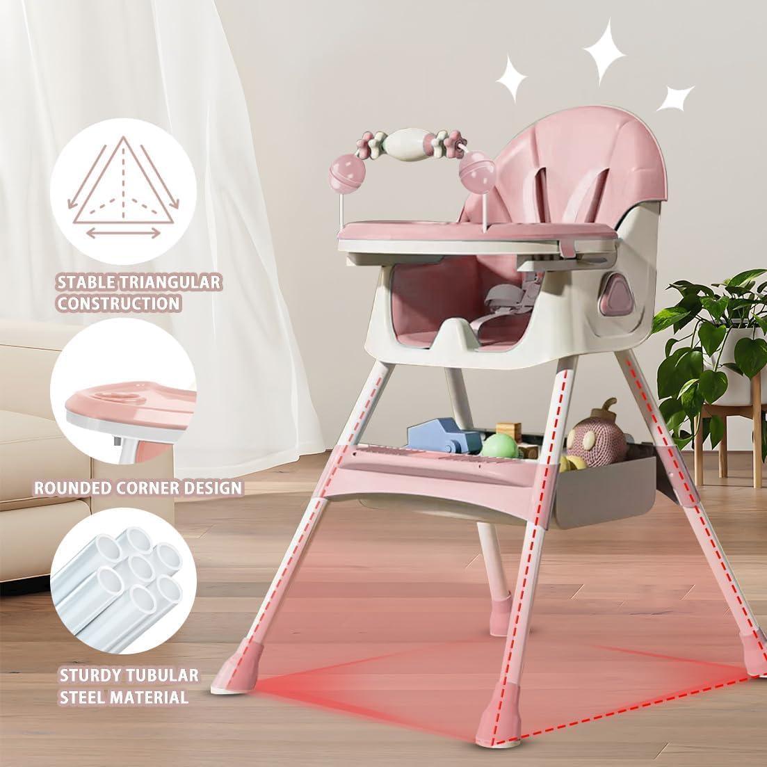 Opvouwbare Kinderstoel - Met Grote Antislipmat en Speelgoedrek - 6 Maanden en Ouder - Roze