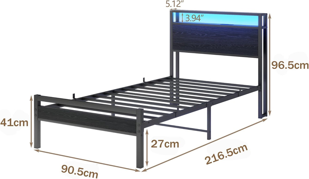 HOJINLINERO Bedframe van metaal, hout, bedframe van metaal, 90 x 200 cm met lattenbodem en USB-oplaadfunctie/led, eenpersoonsbed, logeerbed, tienerbed, 90 x 200 cm, met opbergruimte hoofdeinde