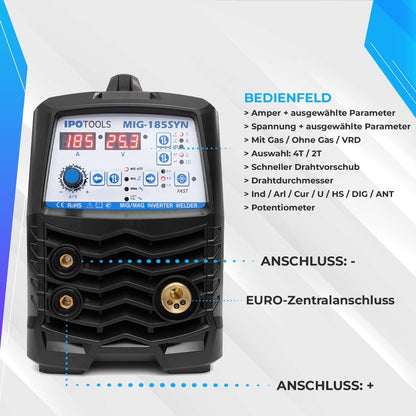 IPOTOOLS MIG-185SYN Lasapparaat, MIG MAG Lasapparaat, 185 ampère, Synergic-functie, FLUX, Elektroden, MMA, IGBT-technologie, 230 V / 7 jaar garantie