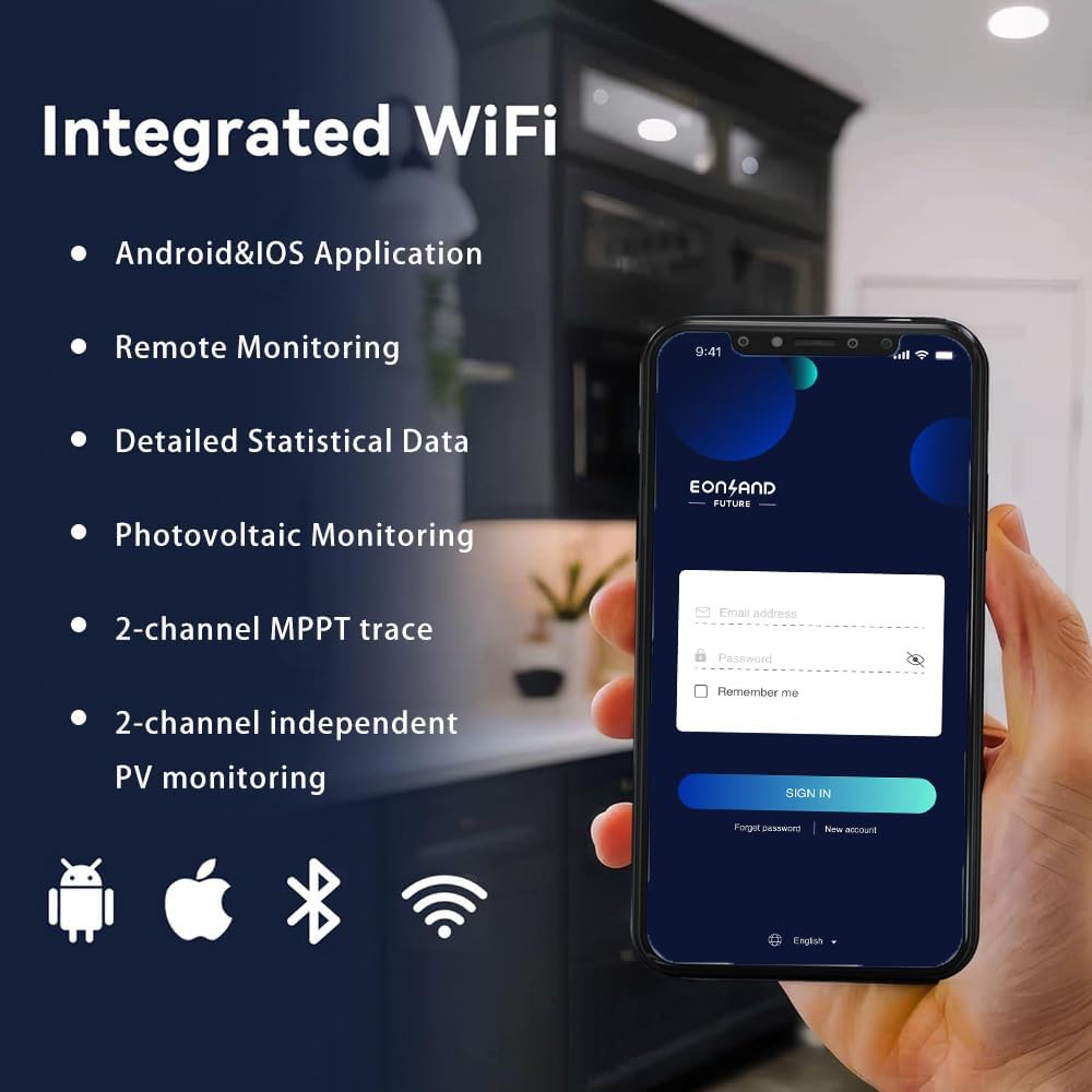 EON-MI800S Micro-omvormer, 800 W, dual MPPT, 16-60 V DC, wifi en Bluetooth app-bediening, plug & play, IP67, VDE-gecertificeerd, licht, ideaal voor balkonkrachtcentrale