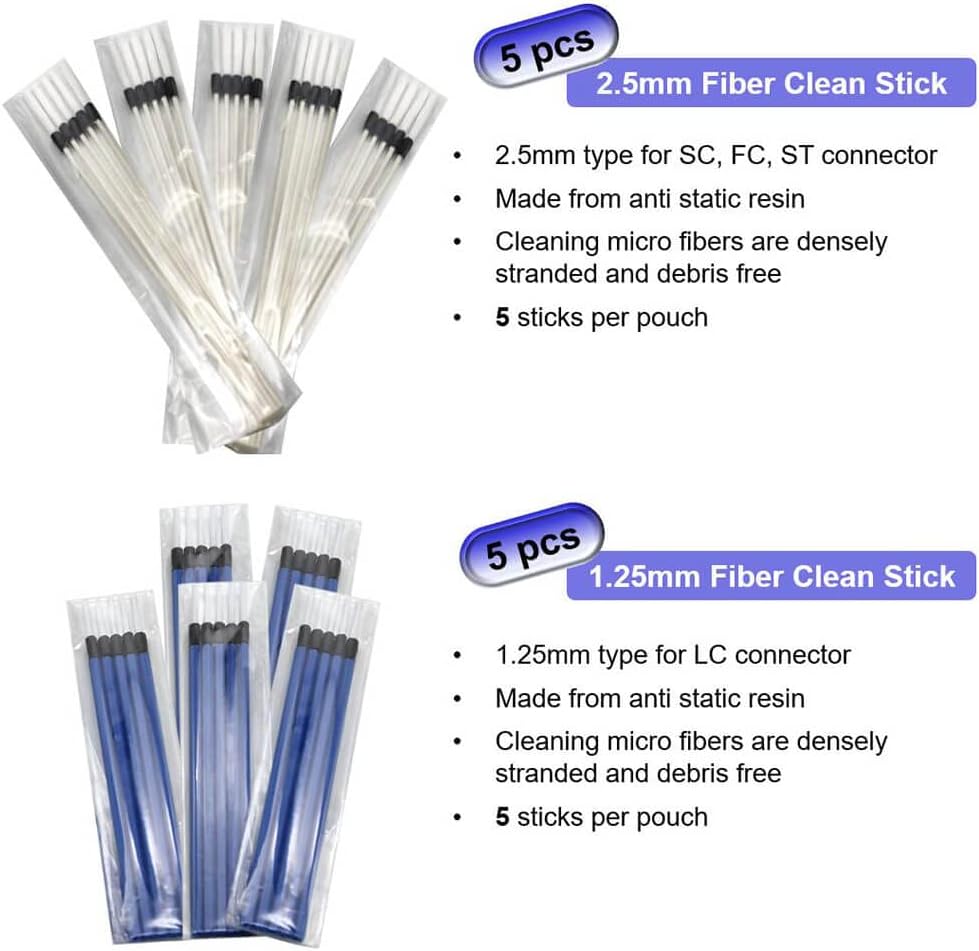 Fiber Optic Cleaning Kit Fiber Optic FTTH Cleaner Tools with 1.25mm / 2.5mm One Click Cleaner Pens and Cleaning Sticks Wipes for Cleaning FC SC ST LC MU Connectors