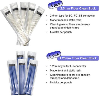 Fiber Optic Cleaning Kit Fiber Optic FTTH Cleaner Tools with 1.25mm / 2.5mm One Click Cleaner Pens and Cleaning Sticks Wipes for Cleaning FC SC ST LC MU Connectors