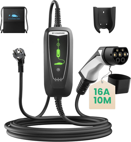 Type 2 EV oplaadkabel Schuko 2-Pin, 3,68KW eenfasig [10-16A] EV oplader met 10 m oplaadkabel, IP66 waterdicht mobiel laadstation met draagtas voor PHEV EV EV