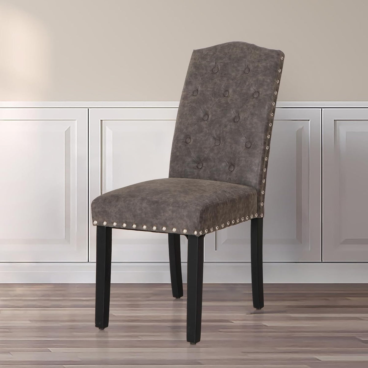 ALPHA HOME Dining Chairs Set of 4, Upholstered Kitchen Chair, Dining Chairs, Tufted Kitchen Chairs with Solid Wood Legs and High Backrest, Faux Leather Padded Parson Chairs, Grey