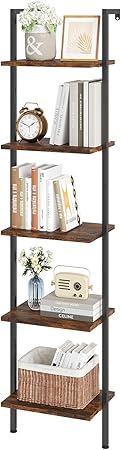 Ladderplank – Ladderrek – Boekenplank – Opbergplank – Wandrek – Vintage Design – 5-Lagen Hout Met Metalen Frame – Ruimtebesparend 178 cm Hoog – Stevig Met Verstelbare Voetjes - QUORE