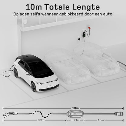 dé EV Charger Type 2 11kW [10m, 3-Fase, 6-16A] Laadpaal 11kW 3 Fase met instelbaar laadvermogen, Mobile Wallbox voor model Y/3, ID.3/4/5, Enyaq, EX30/XC40, Niro en Andere EV&PHEV