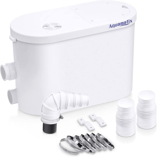 Aquamatix Silencio 2 Sanitaire Pomp 400W Broyeur Douchepomp Hefinstallatie Afvalwaterpomp 135L/min 2 inlaten voor douche en gootsteen 10,5m verticale pompafstand met koolstoffilter