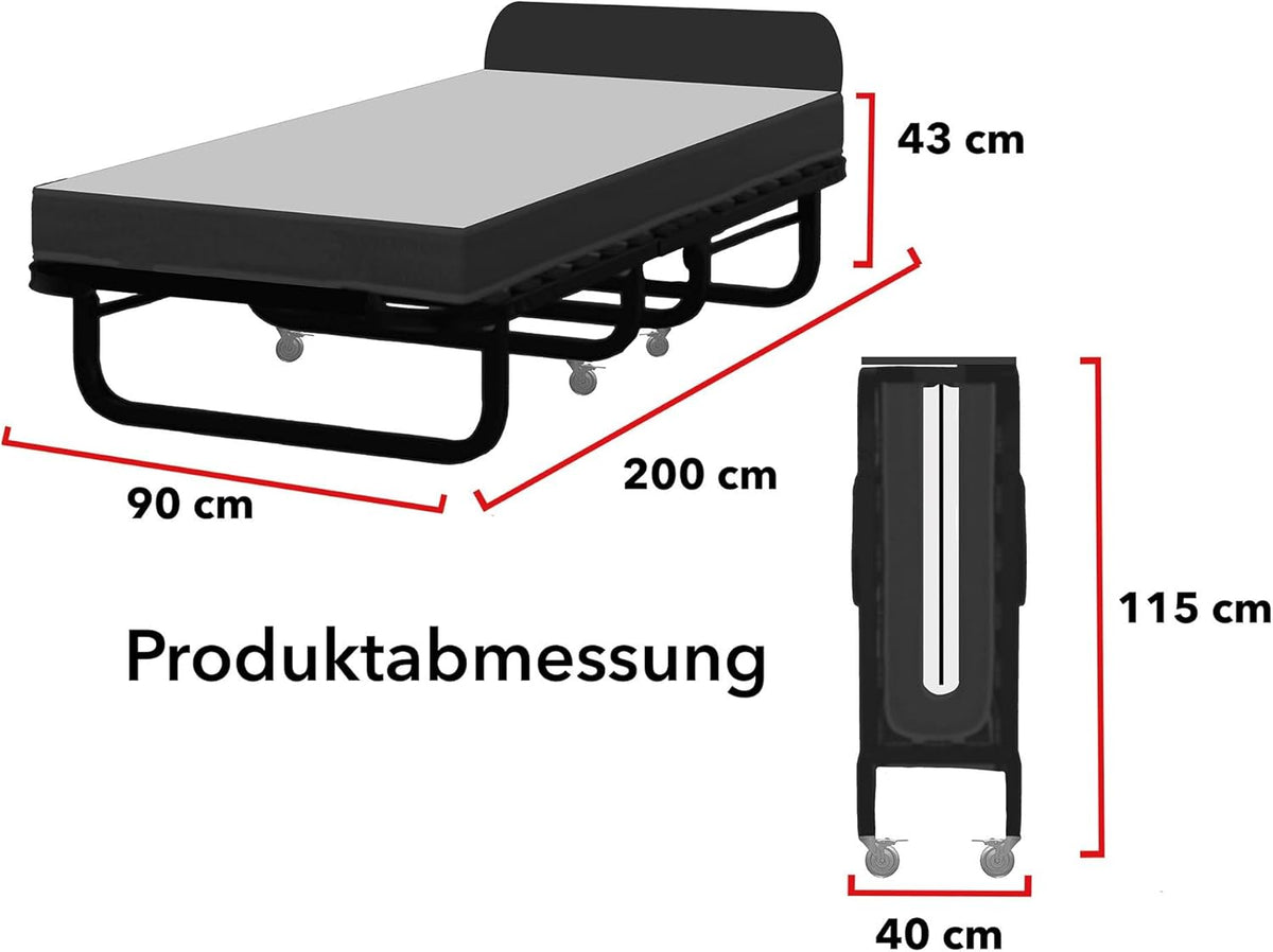 Edward Bed & Bath Opklapbaar logeerbed met wieltjes, 90 x 200 cm, 14 cm pocketveringmatras (middelhard), ruimtebesparend, stabiel en belastbaar, opklapbed, beige
