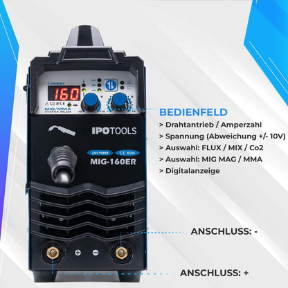 IPOTOOLS MIG-160ER MIG Lasapparaat, MIG MAG Lasapparaat, 160 ampère, voor FLUX/vuldraad en Elektroden, MMA, digitaal display, IGBT-technologie, 230 V
