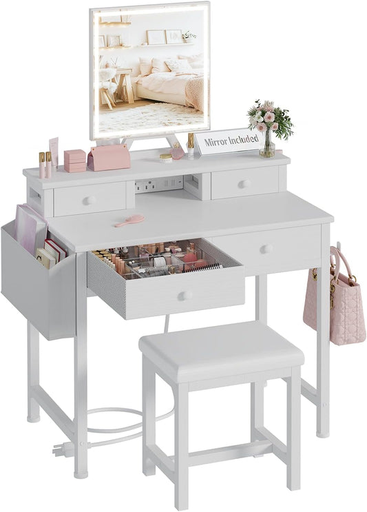 Witte make-uptafel met spiegel en verlichting, make-uptafel set voor kleine meisjes met stoel, make-upcommode met laden en stopcontact voor slaapkamer, klein