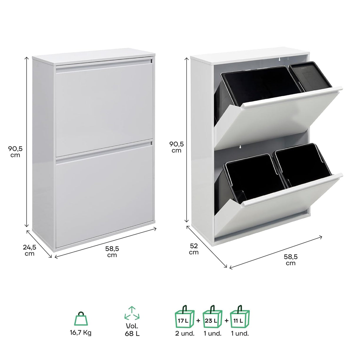 ARREGUI Basic CR601-B2 Recyclingcontainer | Afvalcontainer in Staal | 4 Compartimenten 23+11+17+17 L (68 L) | Binnenemmers voor PMD en GFT | Recyclebak voor Afvalscheiding | Afvalbak voor Keuken | Wit
