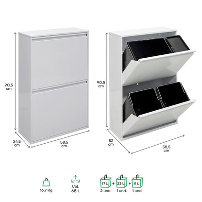 ARREGUI Basic CR601-B2 Recyclingcontainer | Afvalcontainer in Staal | 4 Compartimenten 23+11+17+17 L (68 L) | Binnenemmers voor PMD en GFT | Recyclebak voor Afvalscheiding | Afvalbak voor Keuken | Wit