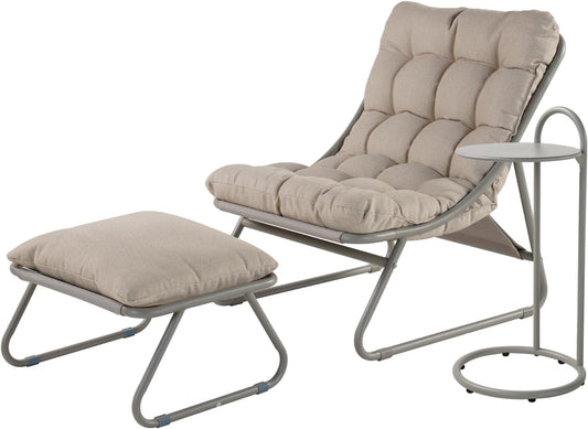 Grand patio Garden Lounger Garden Chair with Side Table and Footstool, Armchair with Removable Cushion for Adults, Sun Lounger for Patio, Living Room, Outdoor, Champagne - QUORE