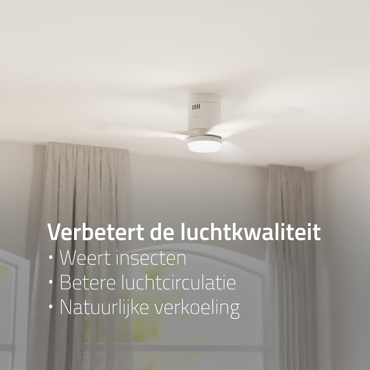 Hombli Smart Plafondventilator met ledlicht, app- en afstandsbediening, wit met houtlook, 132 cm, stil, wifi, voor ruimtes tot 12 m²