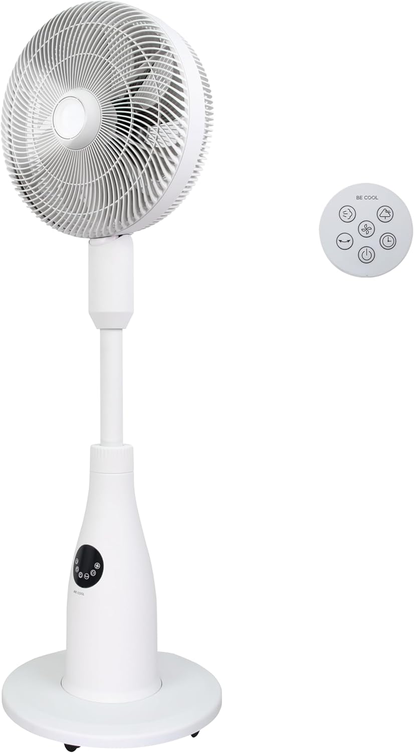 BE COOL BCPSN2L01 Premium staande sproeiventilator met afstandsbediening, 80 W, waterreservoir van 2 liter, 1500 m³/u, oscillatie en timer, stille werking met sfeerverlichting, wit