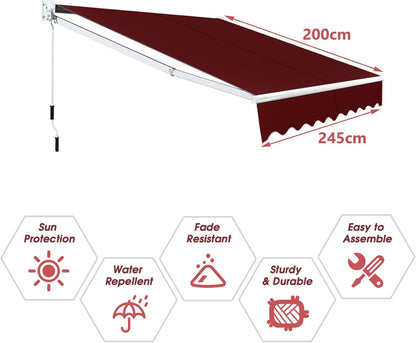 FANTASK Terrasluifel, zonneluifel met aluminium frame en handslinger, knikarm, hoek van 40-100 graden instelbaar, waterdicht en zonwering, balkonluifel voor balkon en terras, 250 x 200 cm