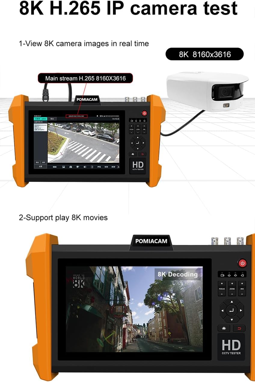 IP-cameratester K15-CADHS CCTV-tester 7 inch IPS-touchscreen 8K IP camera 8MP AHD CVI TVI SDI CVBS-test VGA- en HDMI-ingang ondersteuning SFP optische modulaire aansluitingen ondersteuning POE PTZ