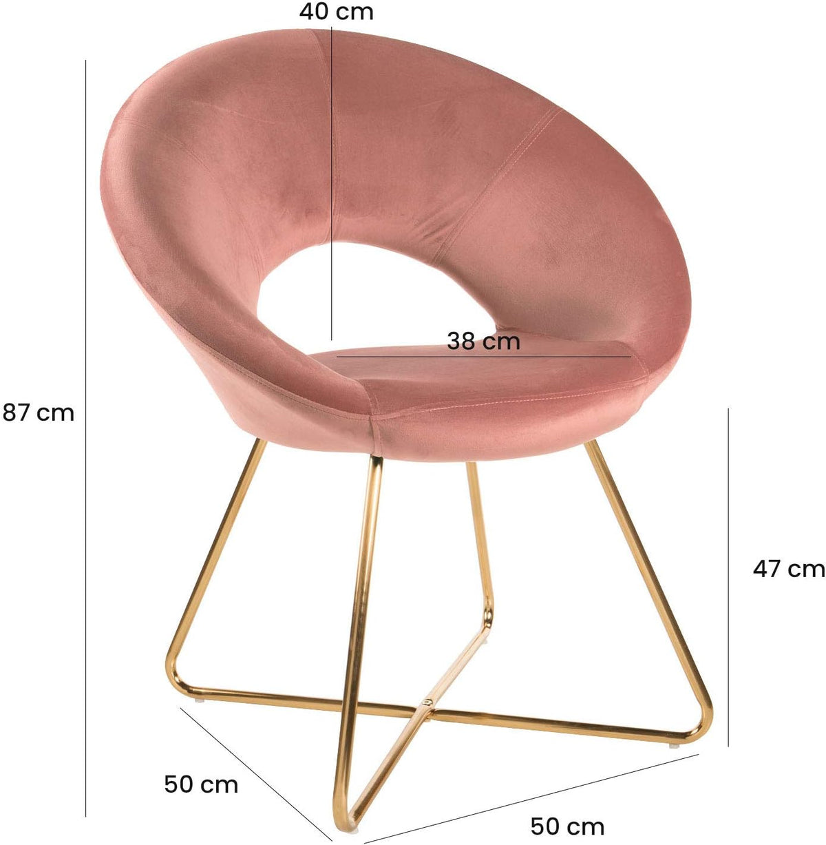Montemaggi Fluwelen stoel met gouden poten, cirkelvormig, bureaustoel, woonkamerstoel, ergonomische stoelen, 71 x 59 x 84 cm, poederroze