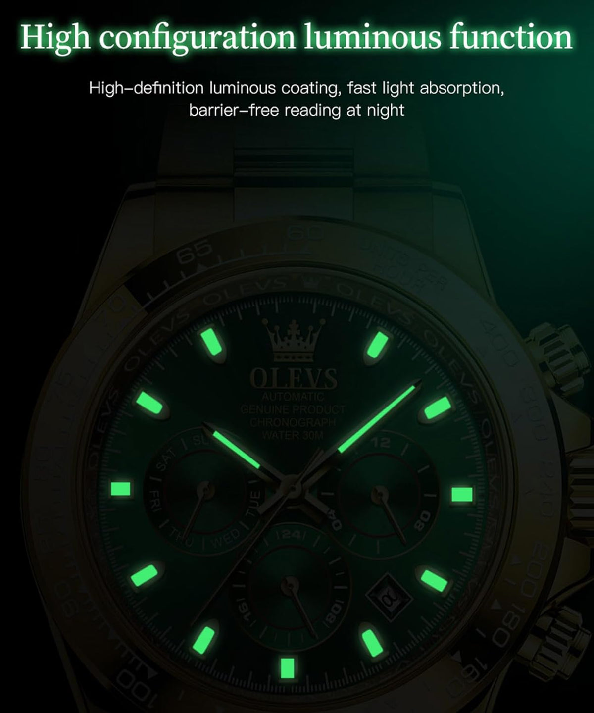 OLEVS Automatische herenhorlogemachine, timing, bezel mechanisch horloge, waterdicht en lichtgevend kalenderweek, roestvrijstalen precisieband
