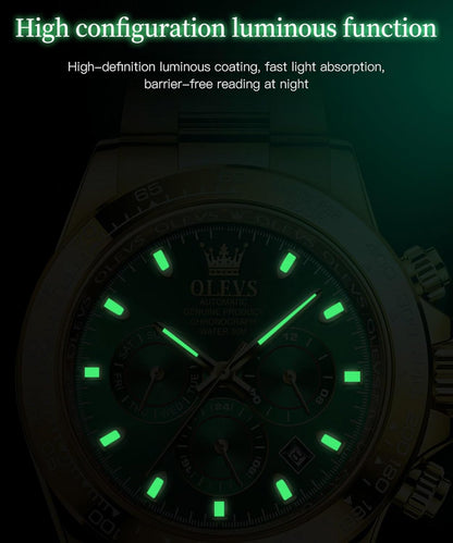 OLEVS Automatische herenhorlogemachine, timing, bezel mechanisch horloge, waterdicht en lichtgevend kalenderweek, roestvrijstalen precisieband