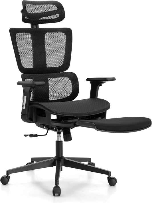 ALPHA HOME Ergonomic Office Chair with Footrest, Adjustable Lumbar Support and Headrest, Breathable Computer Chair with 3D Armrest for Home, Office, Study