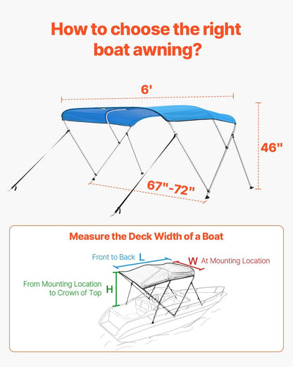 VEVOR Bimini-tops met 3 bogen, 600D polyester luifel met aluminium frame, waterdicht en zonnescherm bootluifel met opbergtas, 2 steunstangen, 4 riemen, 6'Lx (67"-72") Bx46"H, Pacific Blue