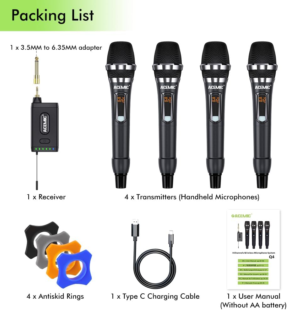 UHF Draadloos Microfoonsysteem – Draadloze Microfoon, Karaoke Microfoon, Handmicrofoon, Microfoonset – 4-Kanaals Set Met 4 Handmicrofoons – Bereik Tot 40 Meter, Oplaadbare Ontvanger