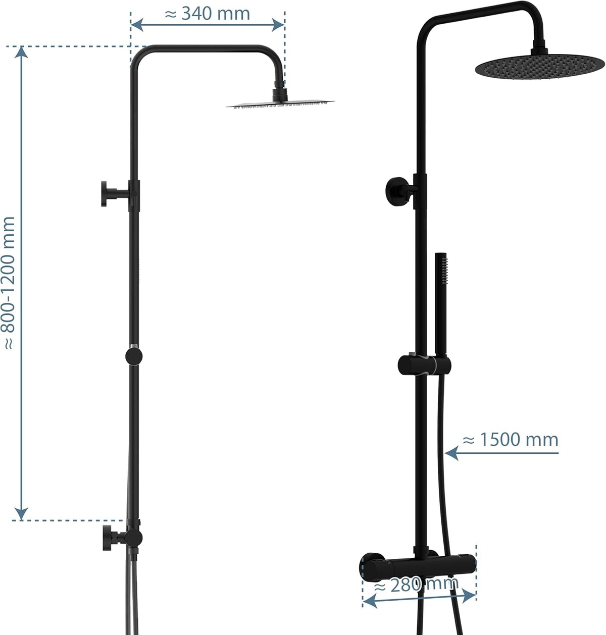 SCHÜTTE AQUADUCT Douchesysteem met thermostaat, doucheset met grote regendouche (diameter 25 cm) en verstelbare handdouche, doucheset met douchestang, douche met kraan, douchezuil, douchepaneel, zwart