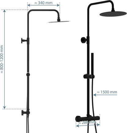 SCHÜTTE AQUADUCT Douchesysteem met thermostaat, doucheset met grote regendouche (diameter 25 cm) en verstelbare handdouche, doucheset met douchestang, douche met kraan, douchezuil, douchepaneel, zwart