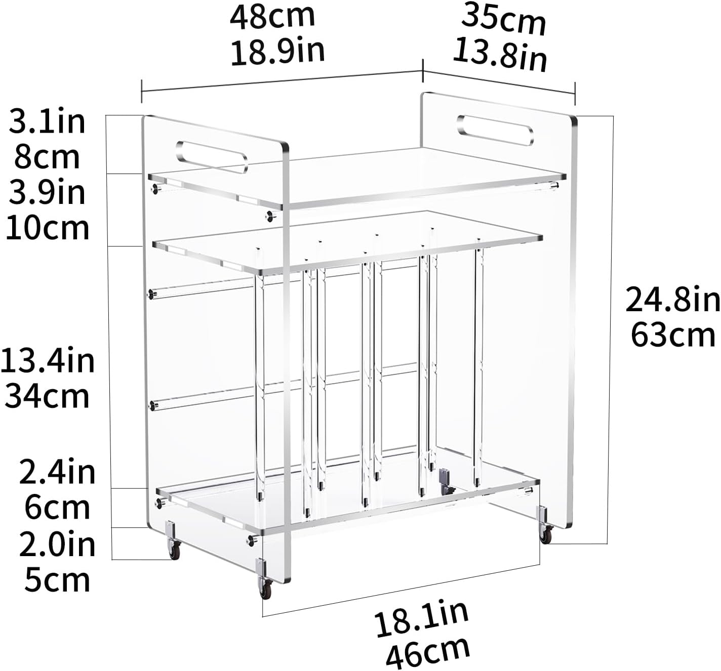 Acryl bijzettafel, vinyl Magzine Opslag Boekenplank met 3 Tier Bijzettafel met Wielen (Doorzichtig) (Clear Large)