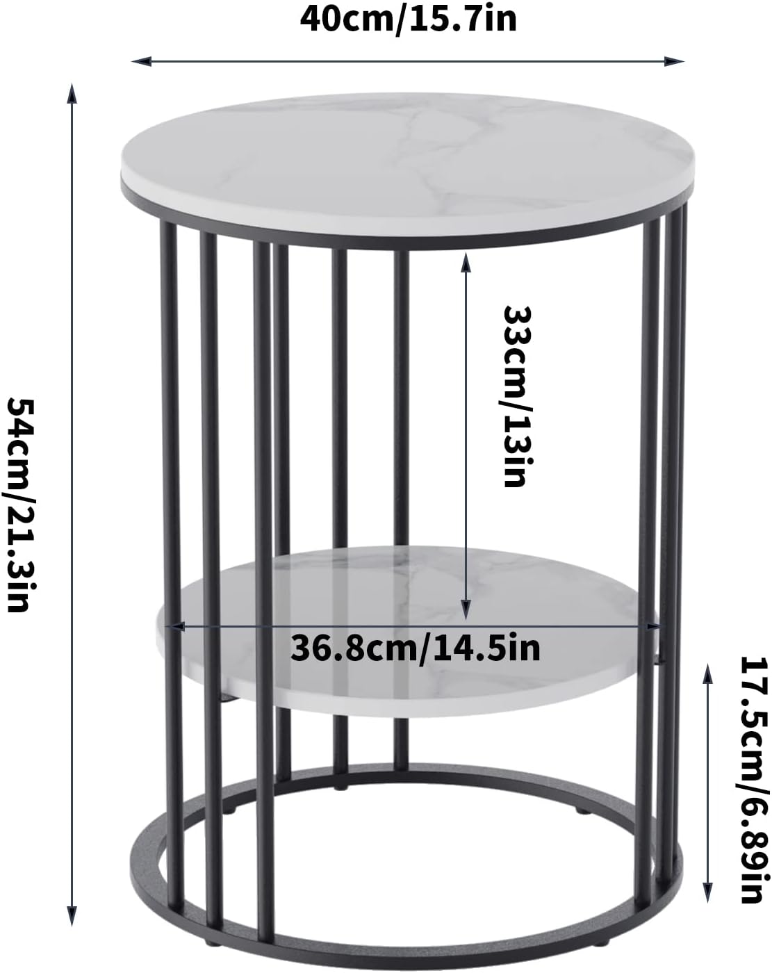 FATIVO Bijzettafel, rond, marmer, wit, 2 planken, woonkamertafel, moderne salontafel, luxe nachtkastje met zwart ijzeren frame, 40 x 40 x 54 cm, voor woonkamer, slaapkamer