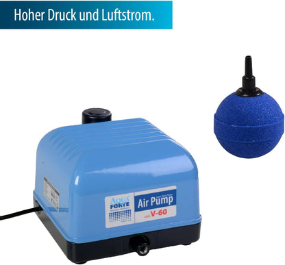 AquaForte Hi-Flow V-60 luchtpompset, complete set met luchtverdelers, 50 m slang 4 x 6 mm en 10 luchtstenen 5 cm, capaciteit bij 2 meter 40 liter per minuut, maximale vijver 36 m3