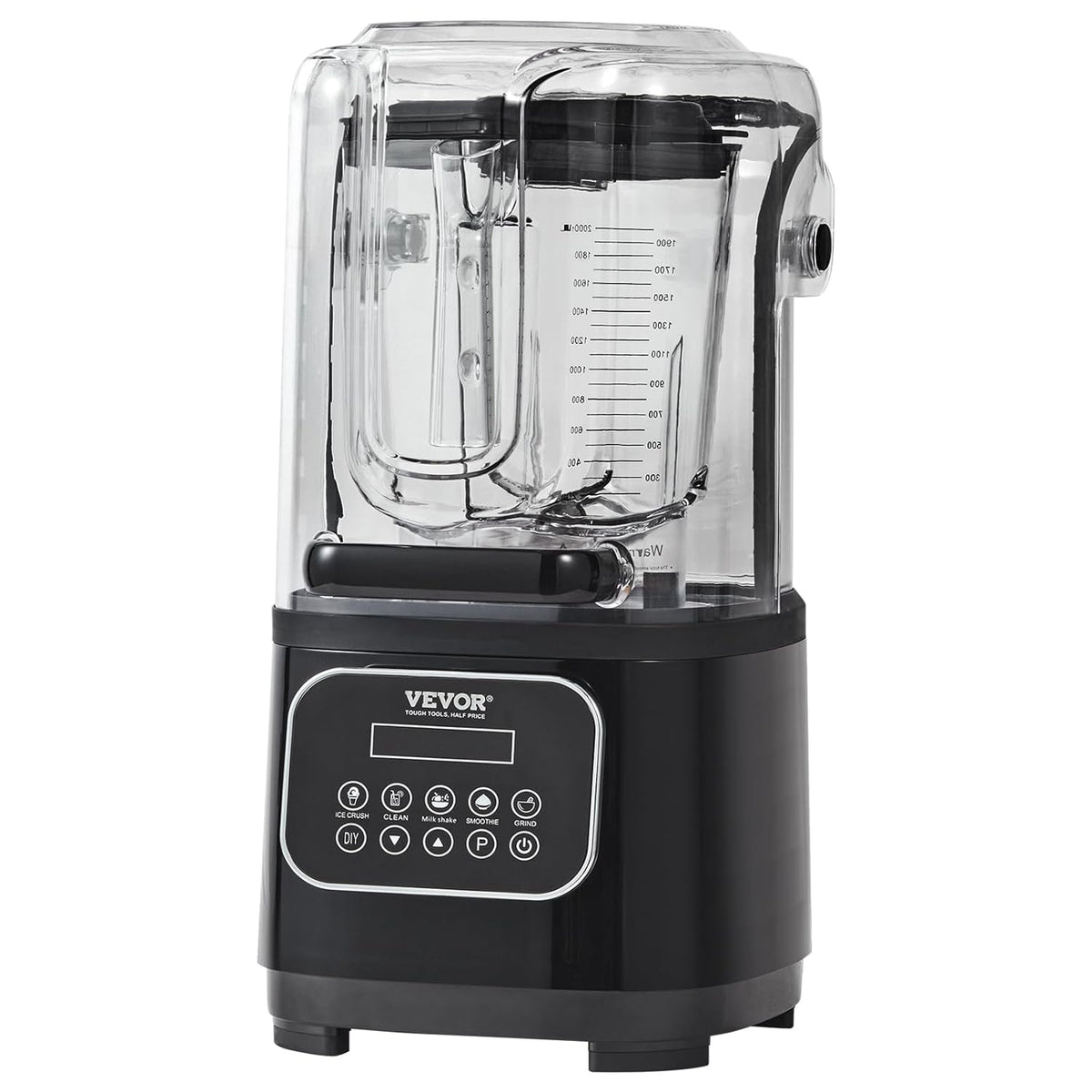 VEVOR Professional Blender with Protection Combined with 2L Glass Jug, Stainless Steel, 9 Speed and 5 Functions, for Smoothies, Black, 280 x 240 x 505 mm