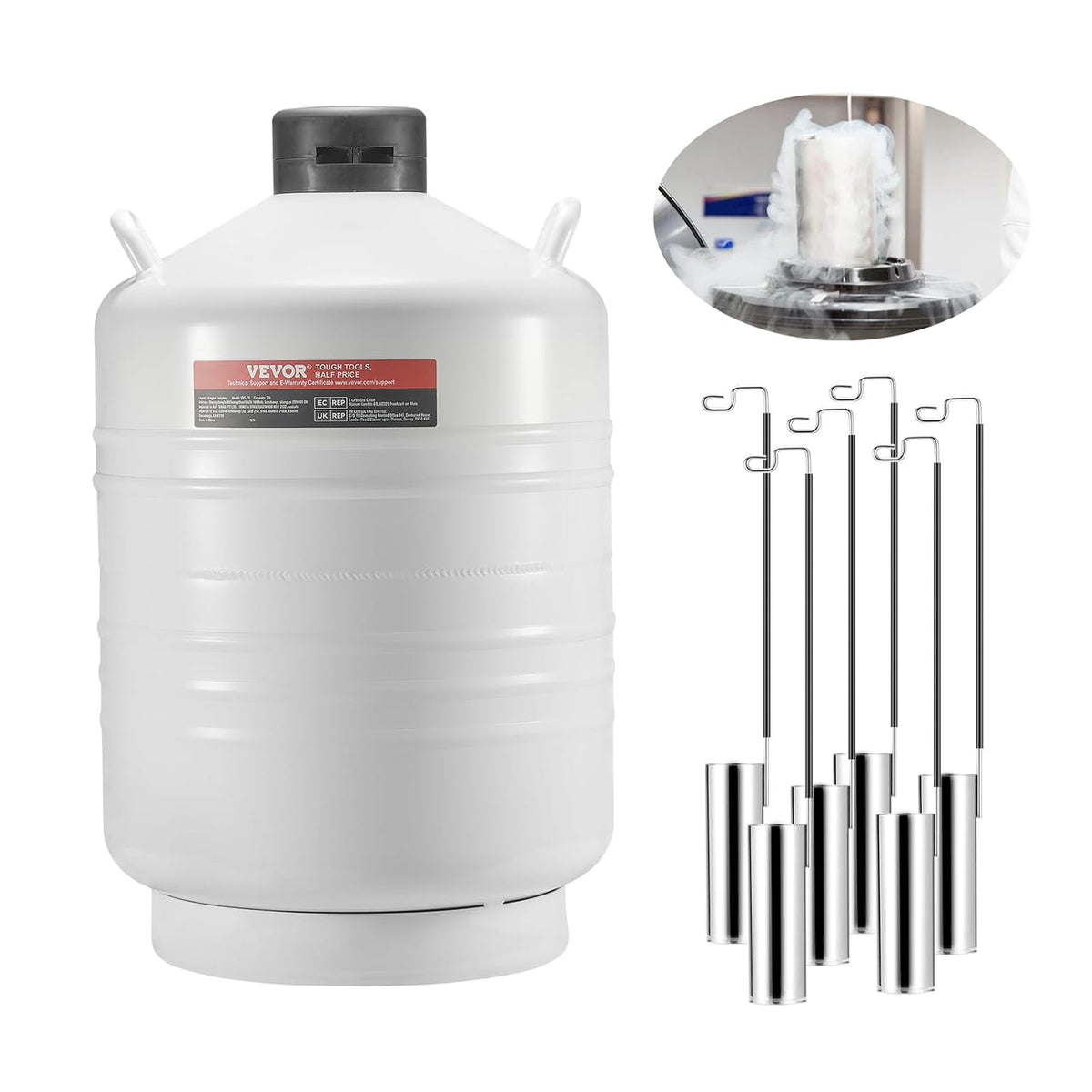 VEVOR Vloeibare stikstoftank, 30 liter, vloeibare stikstofcontainer, aluminiumlegering, 6 containers, draagtas met riem, cryogene tank voor de schoonheidsindustrie, wetenschap
