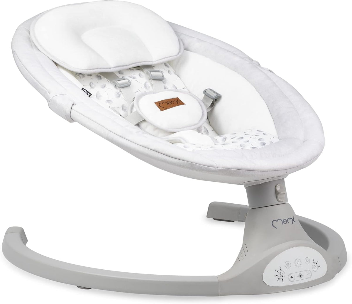 MOMI KENANI Rocking Chair for Children up to 9 kg Weight Foldable with Remote Control and Bluetooth for Connecting to Smartphone, Batteries and Mains with 5-Point Safety Belt - QUORE