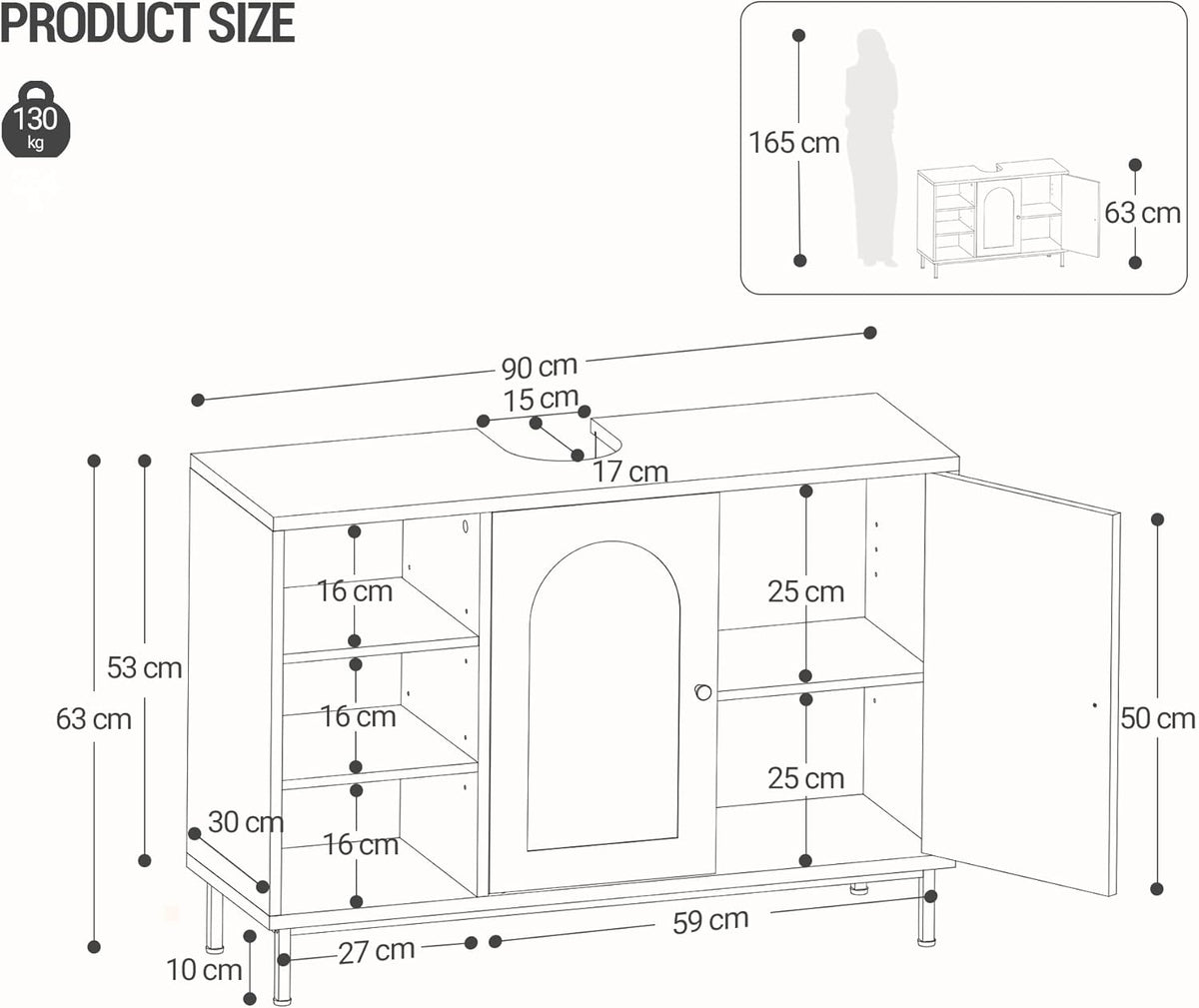 Hzuaneri Washbasin Unit, Bathroom Furniture, Under Cabinet, Extra Long, with Open Compartments and 2 Doors, Adjustable Shelf, Freestanding, For Bathroom, Black 30 x 90 x 63 cm BC09804G