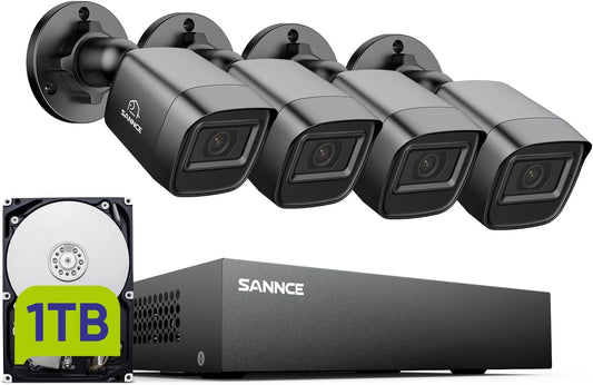 SANNCE 8CH 1080P bewakingscamerasysteem 5-in-1 CCTV-DVR-recorder met 1 TB harde schijf en 4x waterdichte bekabelde bewakingscamera's met 100 voet nachtzicht, bewegingsalarm en externe toegang