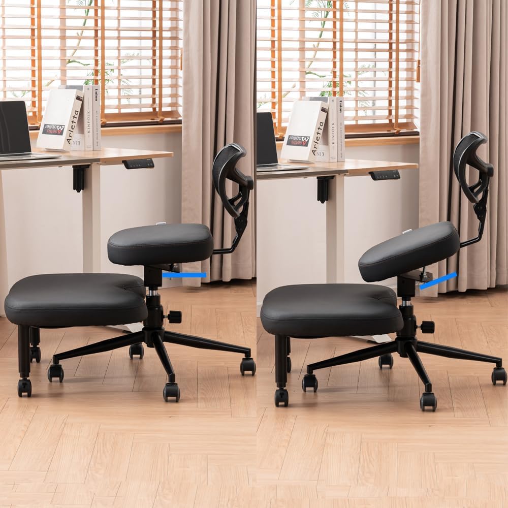 Kruis Legged Chair met wielen, veelzijdige kneelstoel met rugsteun, verstelbare stoel met hoekzitting voor betere houding, dikke comfortabele kussens, zwart