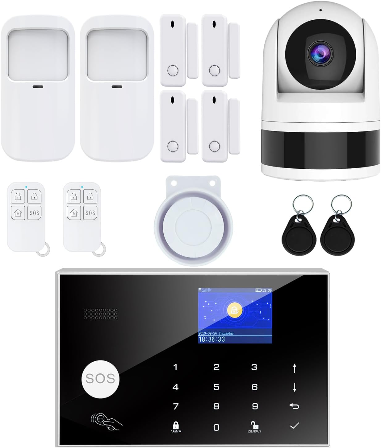 Draadloos thuisalarmsysteem, 6 stuks GSM SMS 2G WiFi compleet anti-diefstalalarmsysteem, sirene alarm met PIR, deurraamsensor, camera, afstandsbediening voor woning, gar