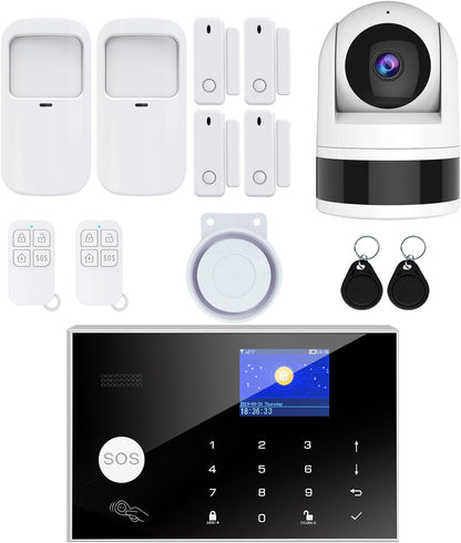 Draadloos thuisalarmsysteem, 6 stuks GSM SMS 2G WiFi compleet anti-diefstalalarmsysteem, sirene alarm met PIR, deurraamsensor, camera, afstandsbediening voor woning, gar