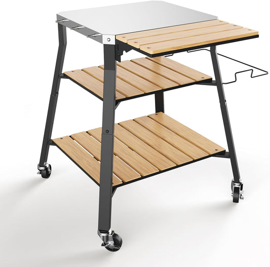 GFTIME Universele draagbare grillwagen, rollende roestvrijstalen grilltafel, keukeneiland multifunctionele wagen voor Solo Stove & Ninja Woodfire outdoor BBQ, grillstandaard met WPC-planken en 360°