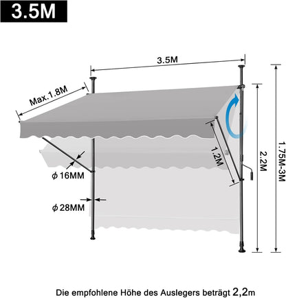 Klemluifel – Zonnescherm – Balkonluifel – Uitschuifbare Luifel – Zonwering – Verstelbare Hoogte 2-3m – UV-bestendig Polyester 350x120 cm - QUORE