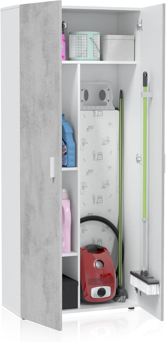 Habitdesign Multifunctionele kast met 2 deuren, afdekkast, wit artik en cement, afmetingen: 80 cm (breedte) x 182 cm (hoogte) x 37 cm (diepte)
