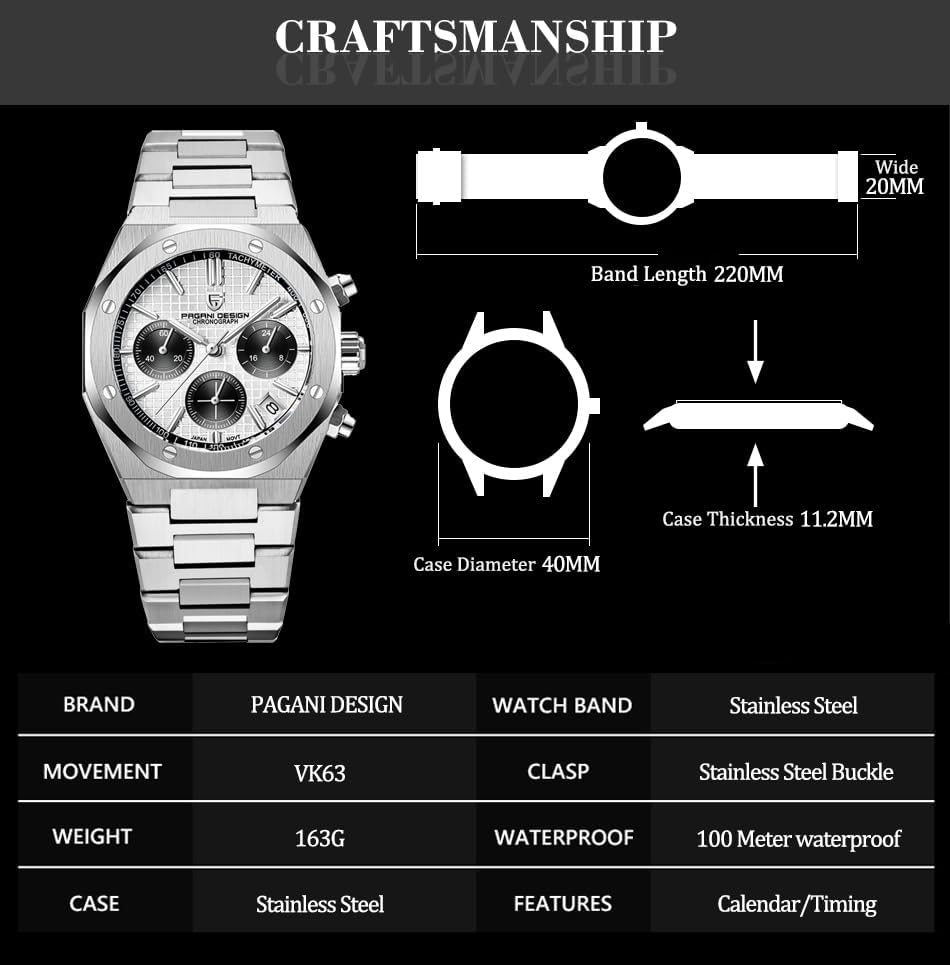 Pagani Design horloges voor heren, Japans kwarts VK63, roestvrijstalen chronograaf polshorloge, saffierspiegel, 200 m waterdicht, 1707, Wit