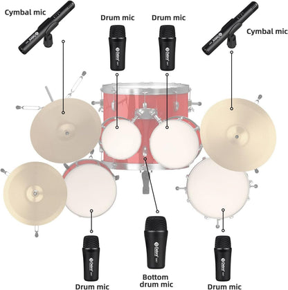 D Debra DK7 Pro 7-delige bedrade drummicrofoonkit voor drummers, inclusief microfoon, microfoonclip met opties voor kick drums, snare, rack/floor toms, congas en cymbals