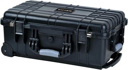 MEIJIA All Weathe waterdichte harde hoes met intrekbare trekgreep en rollende wielen, aanpasbare pasvorm schuim ingevoegd, geschikt voor camera, drones, apparatuur, elegant zwart, Zwart, 22"X13.81"X9