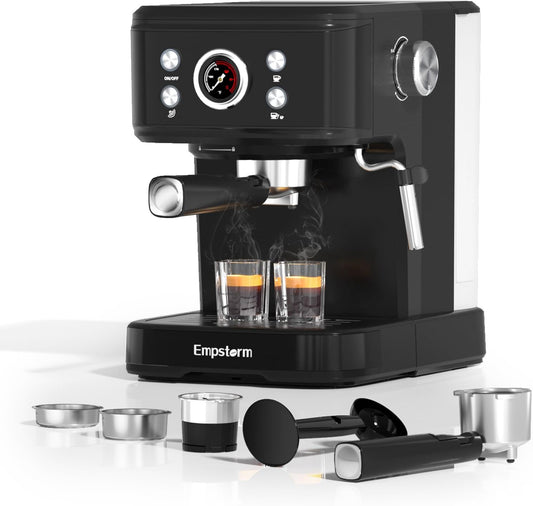 Empstorm Espressomachine, 20 bar, zeefvoermachine met melkstoomstaaf, 2-in-1 functie voor koffiecapsules en gemalen koffie, latte en cappuccinomachine, perfect voor thuis