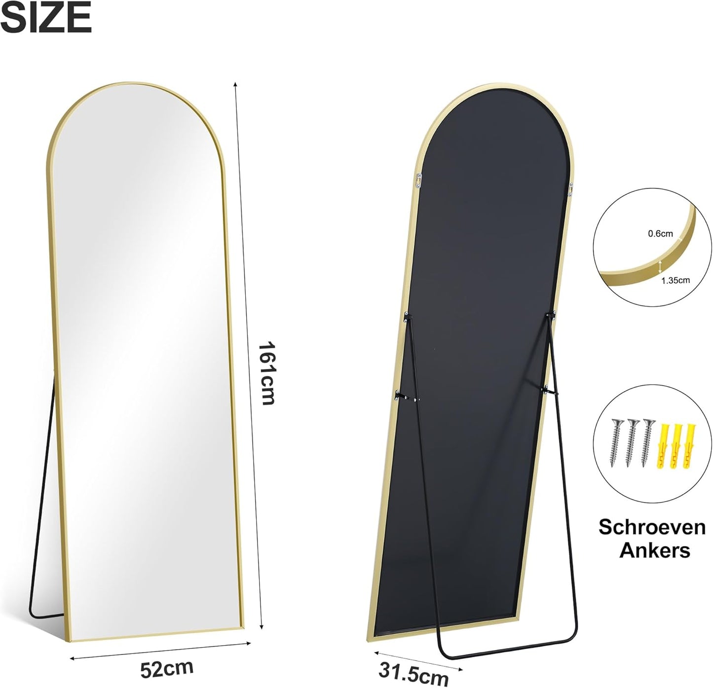 COFENY Boog full-body spiegel, 161 x 52 cm vloerspiegel met gouden frame, gewelfde staande spiegel, grote wandspiegel om te staan, leunen of hangen, vloerspiegel voor slaapkamer, woonkamer