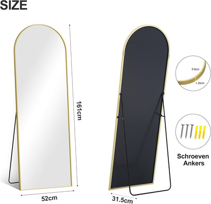 COFENY Boog full-body spiegel, 161 x 52 cm vloerspiegel met gouden frame, gewelfde staande spiegel, grote wandspiegel om te staan, leunen of hangen, vloerspiegel voor slaapkamer, woonkamer