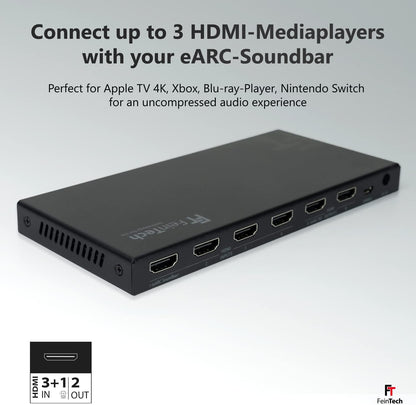 FeinTech VAX04201 HDMI eARC Pass Matrix Switch 4x2 voor soundbar en 2 displays 4K 60Hz Dolby Vision Atmos